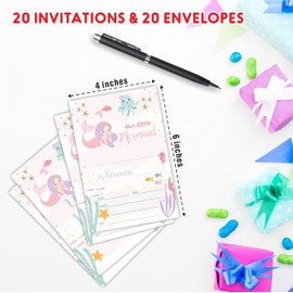 AWSICE Mermaid Theme Birthday Invitations, Double-Sided Fill-In Invite Cards For Birthday Party，Boys, Girls, Kids, Teen, 20 Invitations With Envelopes, Decorations,Party Favor And Supply-B06