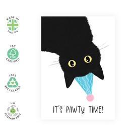Cute Birthday Card – "It's Pawty Time!" with Black Cat in Party Hat – Gifts for Him, Her, Men, Women, Kids, Colleagues, Friends, BFF, Besties, Dad, Mom, Son, Daughter–Comes with Envelope and Stickers