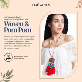 Handmade Bohemian Beaded Tassel Necklaces with Woven and Pompom (Red)