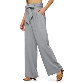Willit Women Linen Pants Casual Wide Leg Dress Pants High Waisted Paperbag Work Trousers Summer Tie Knot Pockets 32" Light Gray M