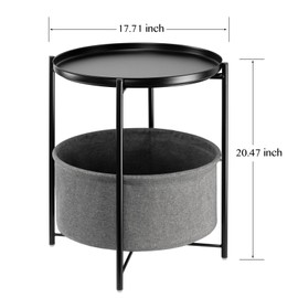 danpinera Round Side Table with Fabric Storage Basket, Metal Small Bedside Nightstand Removable Tray Top for Living Room, Bedroom, Nursery, Laundry, Ink Black