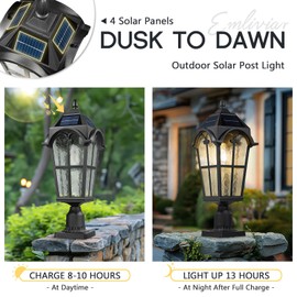 Emliviar Outdoor Solar Lamp Post Light in Black Finish, 22.1" Large Outdoor Lighting with Water Grain Glass Shade for Patio, Vintage Post Lantern LED Bulb Included with Remote Control, YXE302MP-SL BK