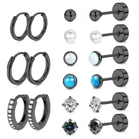 LOFITOR Titanium Earrings for Men Women Titanium Steel Stud Earrings for Sensitive Ears Surgical Steel Flat Back Earrings Turquoise Pearl Black
