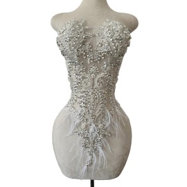 BD.SUN Handmade Rhinestones lace Appliques sew on Beads Trim Patches for Ostrich Feather Dress Clothing Accessories 1PCS/Bag 12.9X23.6inches (Silver)