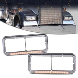 PIT66 12" Headlight Visor Bezels w/Amber LED Bar Compatible with Kenworth T400 T600 T800 W900 Classic 120 132 /Peterbilt 378 379 /Western Star 4900