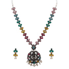 Efulgenz Indian Oxidized Jewelry Antique Boho Religious Pendant Oxidized Multicolor Indian Jewelry Crystal Necklace Sets Faux Pearl Drop Dangle Earrings Bohemian Statement Jewelry Set for Women,