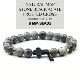 Raffici Map Stone Beaded Bracelet for Men & Women – Grey Gemstone with Black Agate Cross – Adjustable Stretch Fit 17–21 cm – Unisex Gift Jewelry with Velvet Pouch