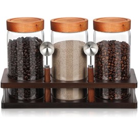 Suclain 3 Pcs Glass Coffee Grounds Container with Shelf 44 oz Glass Coffee Canisters with Airtight Lid and Measuring Spoon Kitchen Food Canister Jars for Tea Sugar Candy Nuts Kitchen