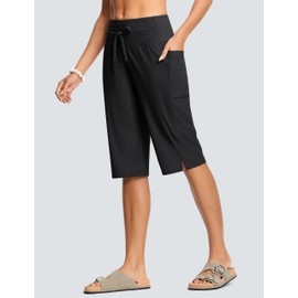 ISEEGZ Women's Swim Capris Pants 15" High Waist Tummy Control Quick Dry UPF 50+ Long Board Shorts with Liner and Pockets Black XXL