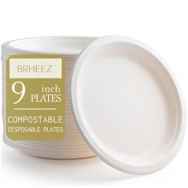 brheez 9 in. Disposable Plates Paper Plates Alternative Compostable Plates Heavy Duty [Pack of 110] Eco-Friendly 100% Natural Sugarcane Bagasse Fiber Biodegradable