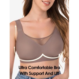 Brabalas Wireless Bras for Women, Extremely Comfortable Seamless Bra Mesh Bralettes Adjustable Straps Everyday Bra (34C-40DD) Brown