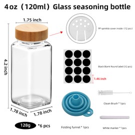 6Pcs 4oz Glass Spice Jars with Shaker Lids, Spice Jars Trial Set & Supplement Set, Empty Spice Containers and Square Spice Bottles for Kitchen (Bamboo Lids)