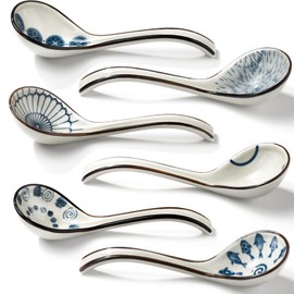 Ceramic Soup Spoons Set of 6 Asian Soup Spoon Ceramic Ramen Spoons, Long Handle Japanese Soup Spoon for Dumpling, Noodles, Miso, Chinese Wonton