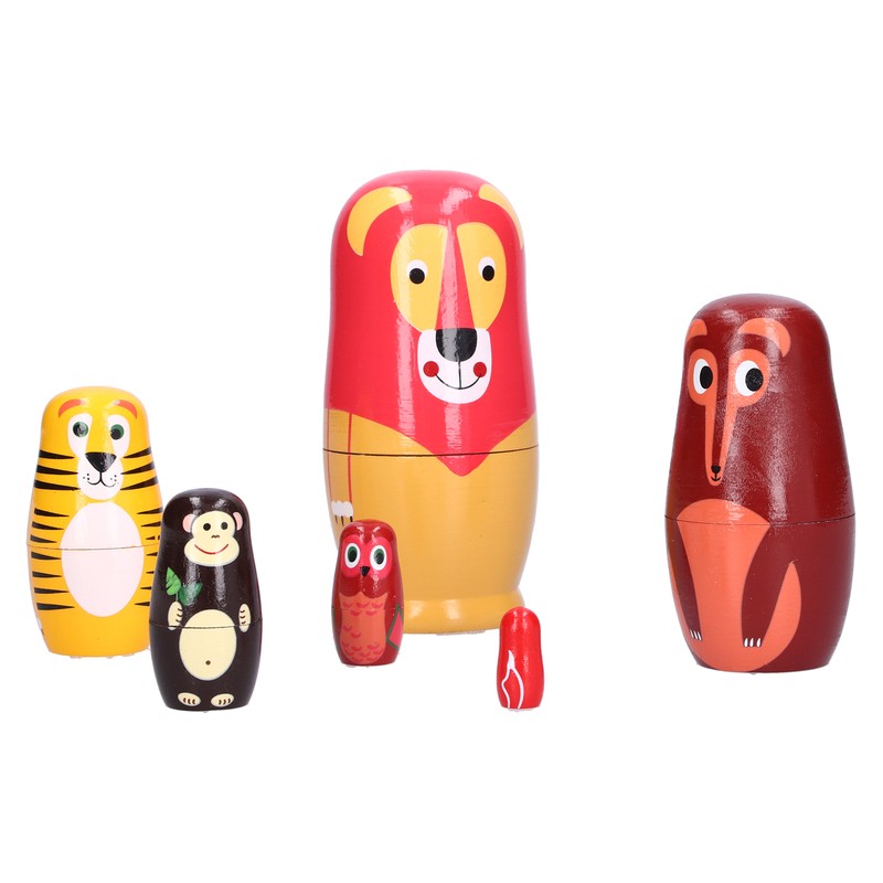 6Pcs Russian Nesting Dolls Kit Wooden Cartoon Animal Pattern Ornament