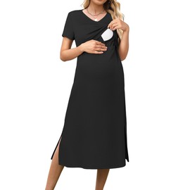 OUGES Womens 2025 Summer Short Sleeve Maternity Dress V Neck Split Long Midi Nursing Dresses Breastfeeding Trendy Pregnancy Must Haves Clothes with Pockets(Black,S)