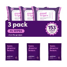 goodwipes Flushable Butt Wipes - Extra Large Adult Wet Wipes For Women & Men - Bathroom Essentials - Sewer & Septic Safe - Lavender, 153 Count (3 Packs + 3 Individually Wrapped)