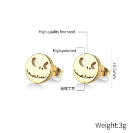 Stainless Steel Black/Silver Jack Skellington Cut-Out Round Circle Button Stud Post Earrings（10mm） ER72 (Gold)