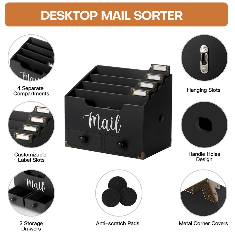 RELBRO Mail Organizer Desktop, Wood Desk Organizer with 2 Drawers,