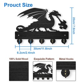 MAYJOYDIY Dragon Key Holder for Wall, 30×20cm, Dragon Spitting Fire Key Rack Wall Mounted, 5 Metal Hooks Wall Art, Decorative Black Wooden Key Hanger for Entryway,