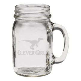 Clever Girl Raptor Dinosaur 12 oz Hand Etched Glass Mason Jar Mug