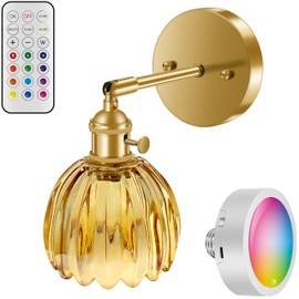 MAYOMAJO Wall Sconces, Tulip-Shaped Glass Shade, Modern Wall Lamp with RGB Color-Changing Bulb, for Home Bedroom Doorway Decoration (Amber Glass + Brass Finish, 1-Pack Rechargeable Bulb with Remote)
