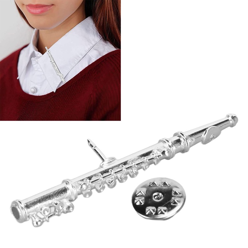 Silver Flute Brooch Miniature Musical Instrument Lapel Brooch Pin with