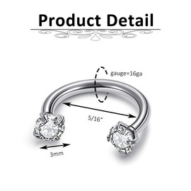Jovivi 2pcs 16G Stainless Steel Cubic Zirconia Horseshoe Multi-functional Lip/Nose/Nipple/Eyebrow Captive Hoop Ring Barbell Tragus Cartilage Stud Earrings