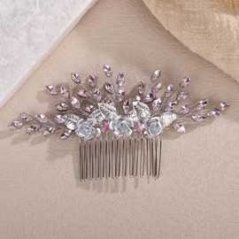 Rumtock 3D Flower Hair Comb with Pink Crystal for Wedding Brides Women Banquet Prom Hair Piece Handmade Silver Side Headpiece (Pink)