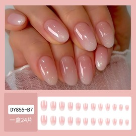 Ombre Press on Nails Short Almond Fake Nails Nude False Nails Press ons with Designs Pink Gradient Acrylic Nails Glossy Full Cover Glue on Nails Artificial Stick on Nails for Women Manicure 24Pcs