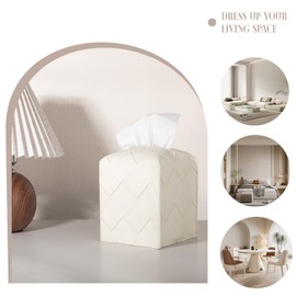 Tissue Box Cover PU Leather Square Tissue Holder Facial Paper Organizer Dispenser for Bathroom, Bedroom, Vanity Countertop, Office, Car, Off-White