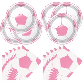 OULUN Pink Football Birthday Party Tableware Supplies Set, Pink and White Soccer Ball Design Party Supplies Set, Soccer Birthday Party Supplies