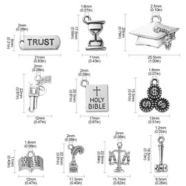 Ornazy 100 pcs 10 Styles Tibetan Lawyer Pendants Antique Silver Bible Hammer Book Charms Vintage Justice Charms for Jewellery Making Crafts