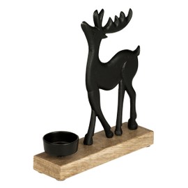 EGLO LIVING Tea Light Holder with Decorative Reindeer Baliguian, Christmas Decoration Windowsill Living Room, Table Decoration Christmas Deer, Wood in Natural and Metal in Black, 18 x 20 cm