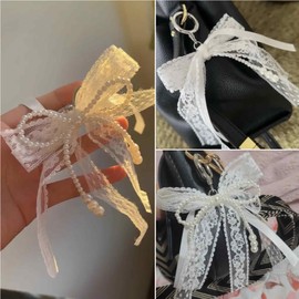sunaeset White Lace Pearl Bow Keychain, Y2k Bowknot Keyring Coquette Aesthetic Keychain Bag Charms, Purse Car Key Chain Charms Accessories For Women Handbags Backpack
