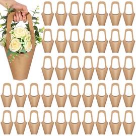 Gilprop 50 Packs Kraft Paper Flowers Gift Bags with Handle, 13.8'' Flowers Bouquet Holder for Wedding, Valentines Day Decoration, Florist Shop