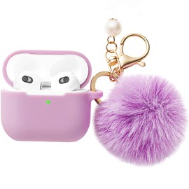 Camofit Case Compatible with Apple Airpod 3 Generation Case Cover for Women Girls, Soft Silicone Earbuds Case Compatible with AirPod 3rd Charging Case 2021 with Pompom Keychain Accessories (Purple)