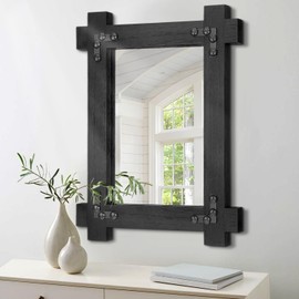 Black Small Wall Decorative Mirror Rustic Rectanglar Wood Framed Mirror Farmhouse Hanging Wall Mirror for Entryway Bedroom Living Room Bathroom Hangs Vertical or Horizontal