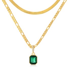 Mesovor Gold Crystal Layered Necklaces for Women Trendy, 18K Gold Plated Statement Crystal Pendant Necklace | Birthstone Necklace Jewelry Gifts (Green)