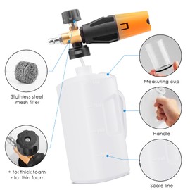 DERASL 1L Foam Cannon for Pressure Washer - Adjustable Nozzle, 1/4" Quick Connect, Snow Foam Lance for Car Wash, Additional 1.1mm & 1.35mm Orifices, Mesh Filter