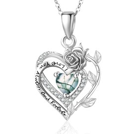 Rose Necklace Sterling Silver Heart Necklaces for Women Moss Agate Necklace Moss Agate Pendant Rose Heart Jewelry Gifts for Women