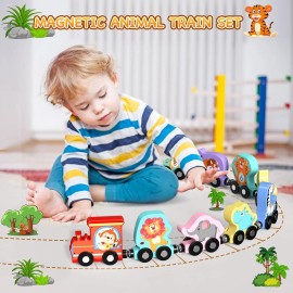 Zeoddler Toys for Toddlers, 11 Magnetic Wooden Animals Train Set, Montessori for...