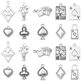Ornazy 100 pcs 10 Styles Tibetan Poker Charms Antique Silver Heart Rectangle Pendants Vintage Playing Card Charms for Jewellery Making