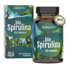 Organic Spirulina Tablets, 1650 Pellets, 100% Ground Spirulina, With Natural Iron Content, Ecologically Cultivated & Organic Certified, Vegan, No Additives & Residues Naturity