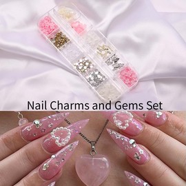 zgiraloca Gold and Silver Nail Charms Kit - 3 Pack Mixed 3D Butterfly，Rhinestones, Pearls, Gems, Flowers & Bows for Nail Art Design (White&Pink)