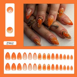 Almond Press on Nails Medium Fake Nails Light Orange French Tip Glue on Nails 3D Shell Design Water Ripple Press ons Gold Pearls Fantasy Stiletto Glue on Nails Acrylic Nails 30pcs Glossy