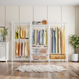 VIPEK V10i Wire Garment Rack Heavy Duty Clothes Rack with Hanging Rods, Adjustable Shelves & Slid Metal Storage Baskets, Large Size Clothing Rack for Hanging Clothes 85.4"W x 15.7"D x 76.4"H, White