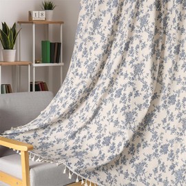 Moslovstar 1 Pair Blue Floral Linen Curtains Rustic Country Style Light Filtering Rod Pocket Window Drapes Beige Tassels, 52" W x 63" L