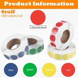 Oruola 4000pcs Coloured Dots Stickers - 4 Rolls Coloured Sticky Dots,Sticky Dot for Marking,13mm Circle Dot Stickers,Perfect for Home,Office,School,and Inventory Labeling(4 Colors)