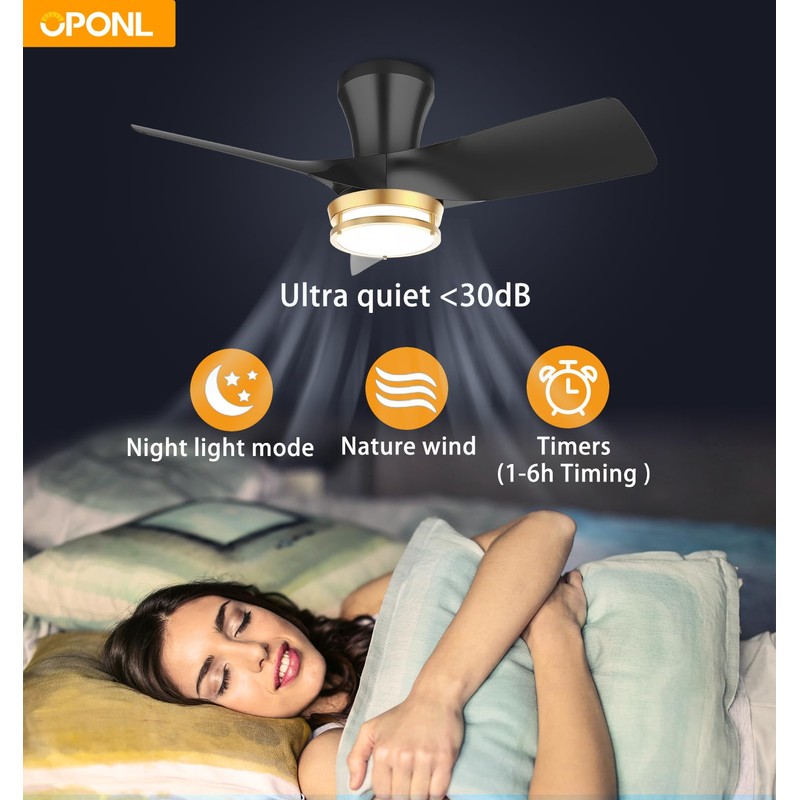 OPONL 30" Black low profile Ceiling Fan with Light, with