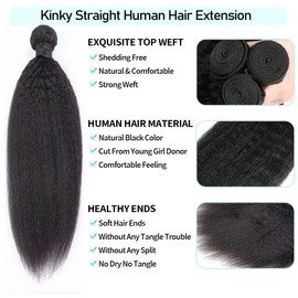 kinky straight human hair bundles 12A grade Unprocessed human hair extension (Kinky Straight 3 Bundles, 16 18 20inch)